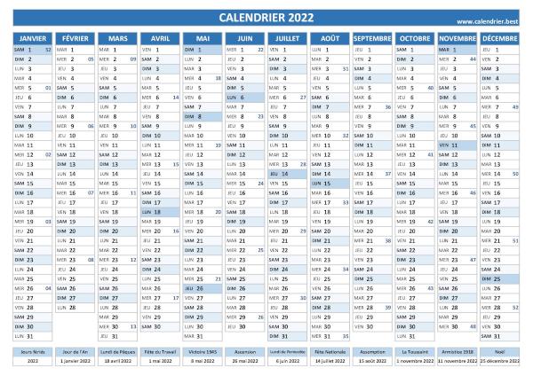 calendrier 2022 avec numéros de semaines et jours fériés