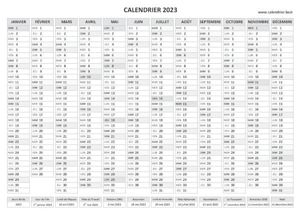 calendrier 2023 avec dates des fêtes légales
