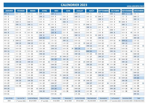 calendrier 2023 avec numéros de semaines et jours fériés