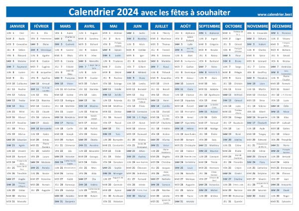 calendrier 2024 avec Saints, thème bleu