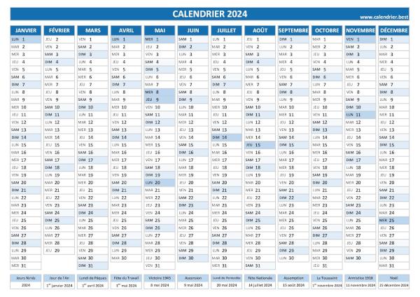 calendrier 2024 avec dates des fêtes légales