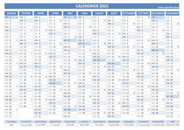 calendrier 2025 avec numéros de semaines et jours fériés