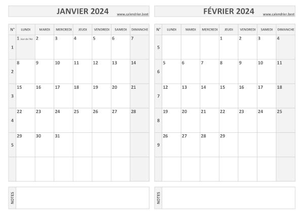 Calendrier 2024 bimestriel pour les mois de janvier et février.