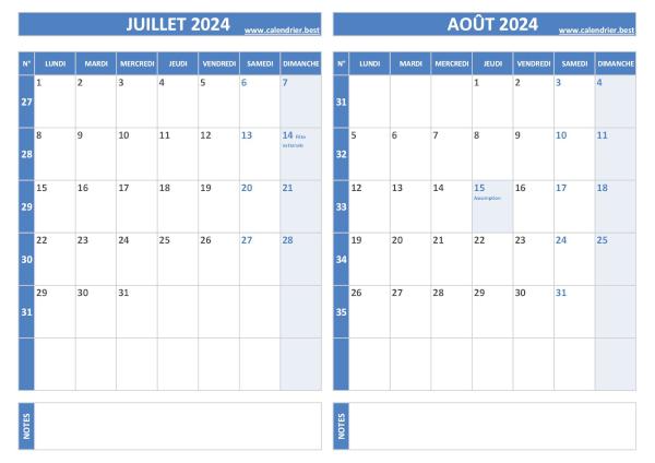 Calendrier 2024 bimestriel pour les mois de juillet et août.