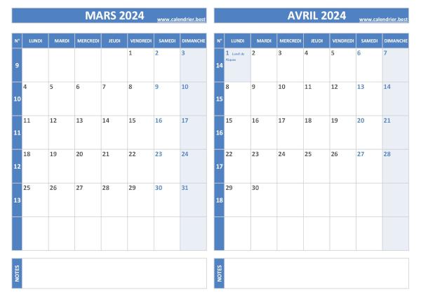 Calendrier 2024 bimestriel pour les mois de mars et avril.