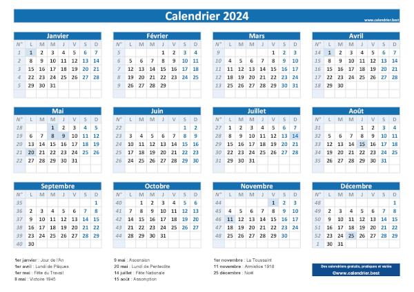 Calendrier 2024 avec jours fériés
