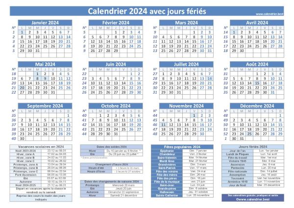 Calendrier 2024 avec dates des saisons, des soldes, des vacances, jours fériés et numéro de semaine