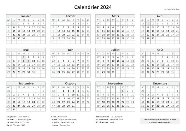 Calendrier 2024 avec jours fériés à imprimer