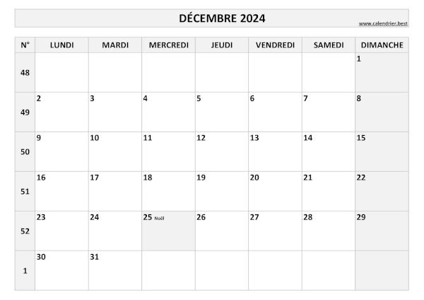 Calendrier Décembre 2024 avec semaines.