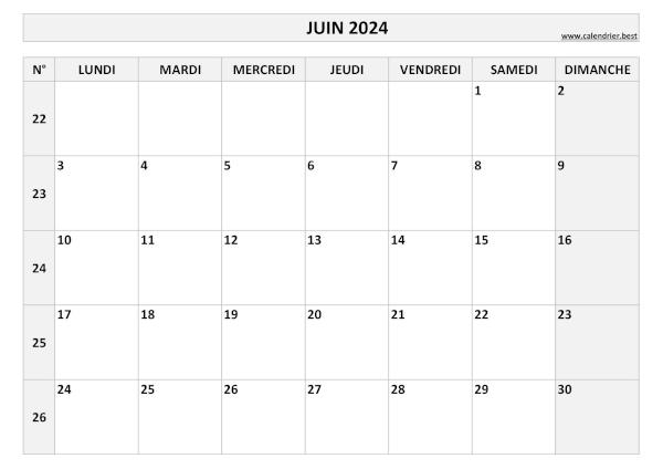 Calendrier Juin 2024 avec numéros de semaines.