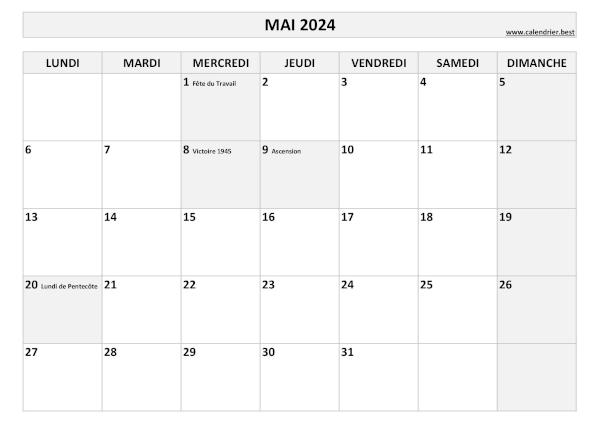 Calendrier du mois de mai 2024 avec jours fériés à imprimer.