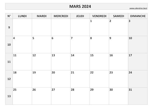 Calendrier du mois de mars 2024 avec semaines à imprimer.