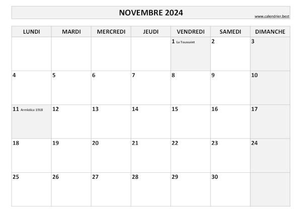 Calendrier du mois de novembre 2024 avec jours fériés à imprimer.