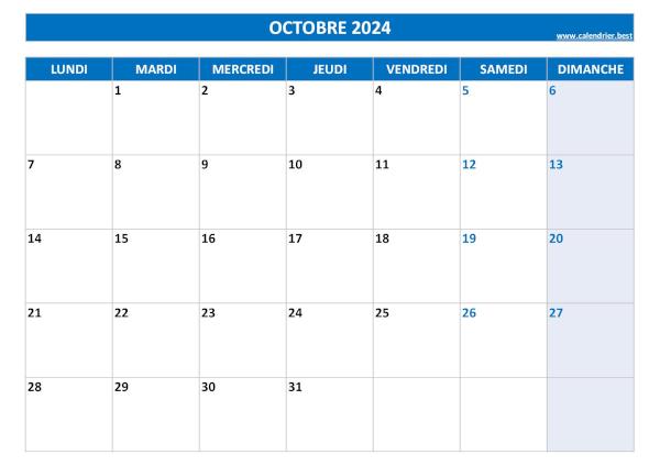 Calendrier octobre 2024 vierge à imprimer.