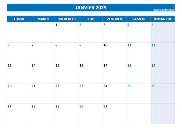 Calendrier janvier 2025 vierge à imprimer.