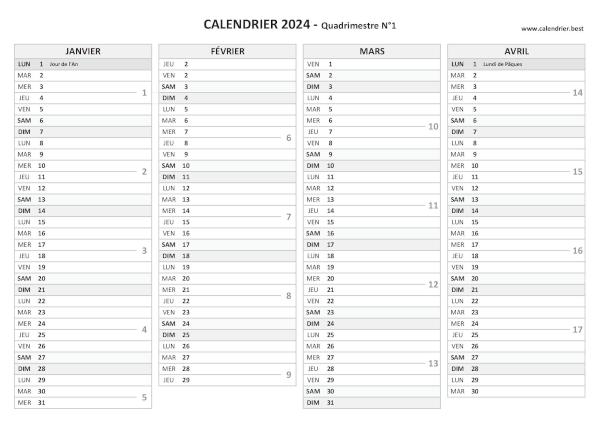 Calendrier quadrimestre N°1 2024 à imprimer (mois de janvier, février, mars et avril 2024).