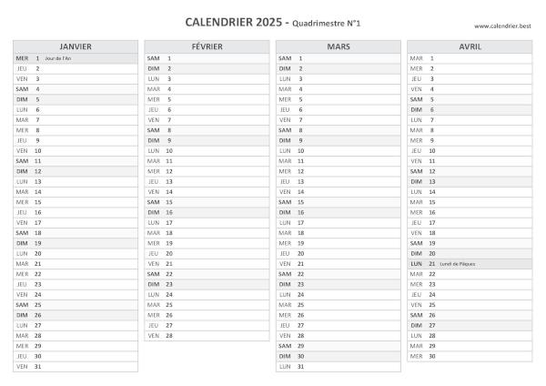 Calendrier Quadrimestre N°1 2025 à imprimer (mois de janvier, février, mars et avril 2025).