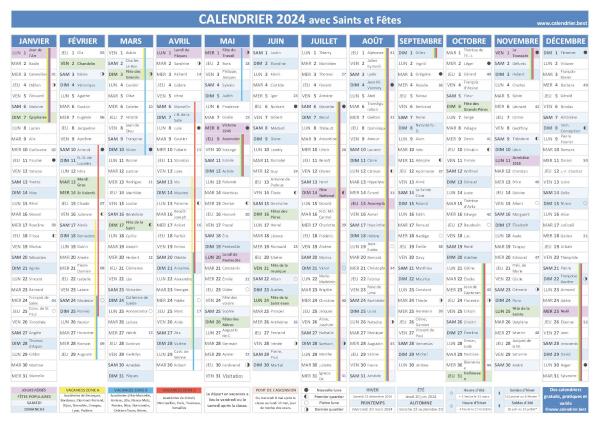 calendrier complet 2024 avec numéros de semaines, fêtes et Saints du jour, dates des vacances, jours fériés et de nombreuses autres informations utiles
