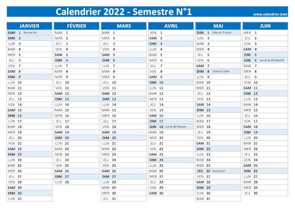 calendrier 2022 1er semestre avec jours fériés