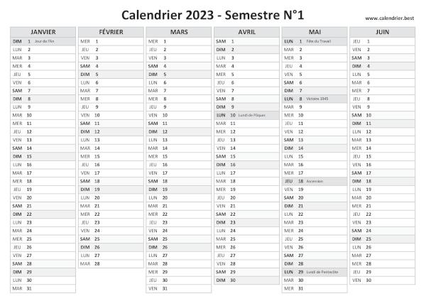 calendrier 2023 avec jours fériés, 1er semestre
