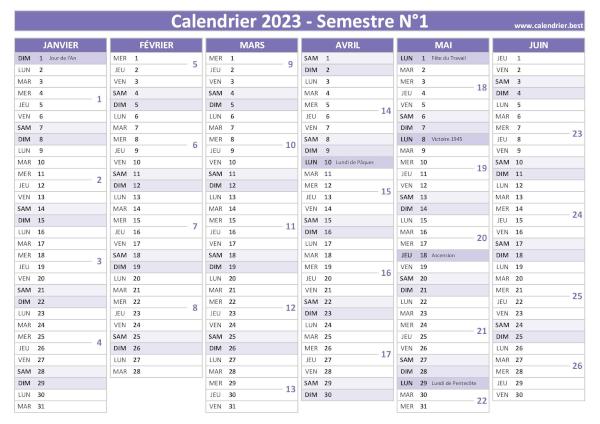 calendrier 2023 avec numéro de semaine, version semestrielle