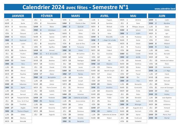 calendrier 2024 avec saints, 1er semestre