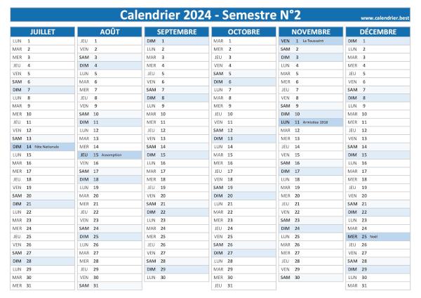 calendrier 2024 avec jours fériés, 2nd semestre