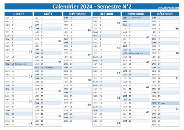 calendrier 2024 avec semaines paires et impaires, 2nd semestre