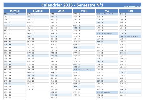 calendrier 2025 1er semestre avec jours fériés