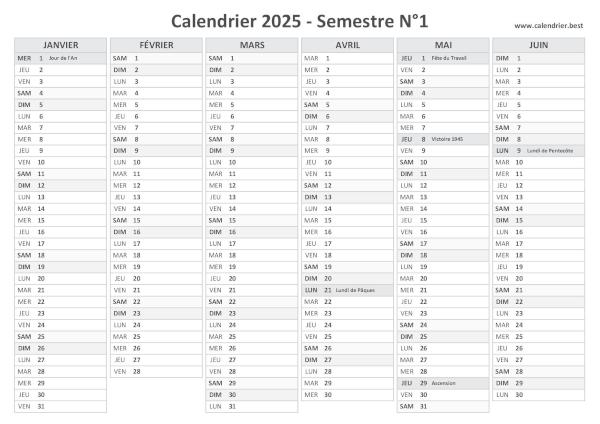 calendrier 2025 avec jours fériés, version semestrielle