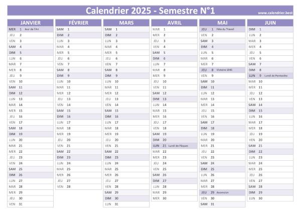 calendrier 2025 avec jours fériés, 1er semestre