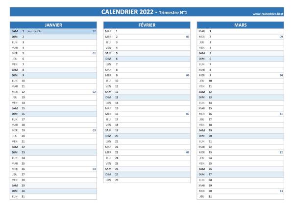 calendrier 2022 à imprimer par trimestre (1 page par trimestre)