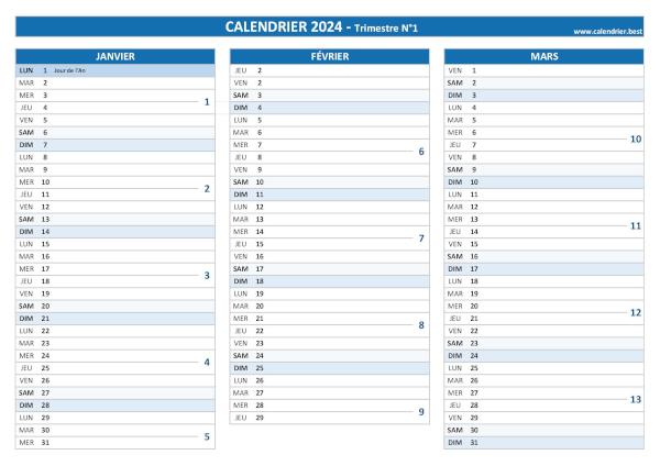 calendrier 2024 à imprimer par trimestre (1 page par trimestre)