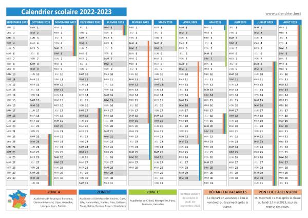 calendrier scolaire 2022-2023 avec les dates des vacances pour les zones A, B et C à imprimer