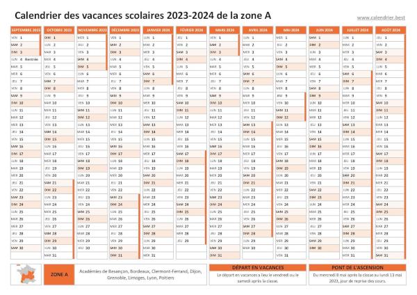 Calendrier des vacances scolaires 2023-2024 de la zone A - Dijon