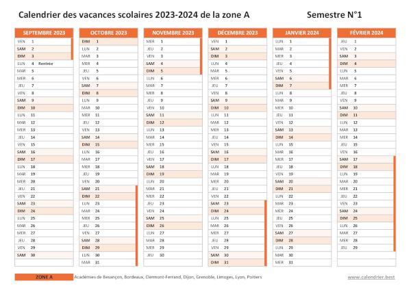 Calendrier scolaire 2023-2024 de la zone A - Lyon - Semestre 1