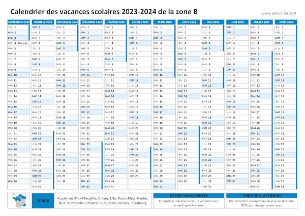 Calendrier des vacances scolaires 2023-2024 de la zone B - Nice