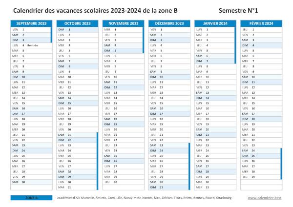 Calendrier scolaire 2023-2024 de la zone B - Amiens - Semestre 1