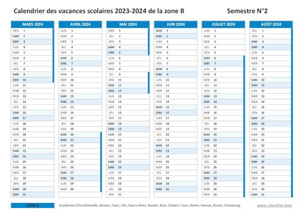 Calendrier scolaire 2023-2024 de la zone B à imprimer - Semestre N°2