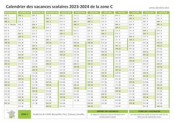 Calendrier des vacances scolaires 2023-2024 de la zone C - Paris