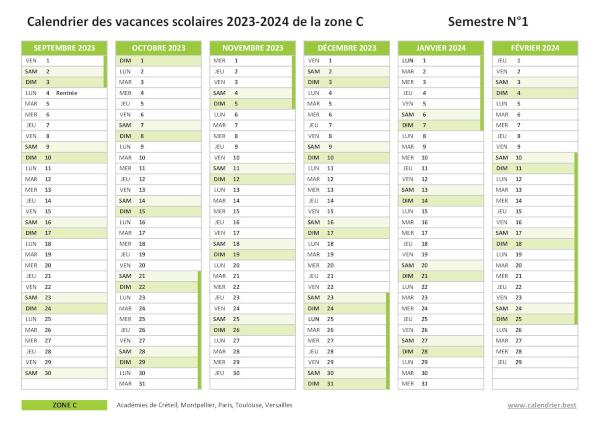 Calendrier scolaire 2023-2024 de la zone C - Créteil - Semestre 1