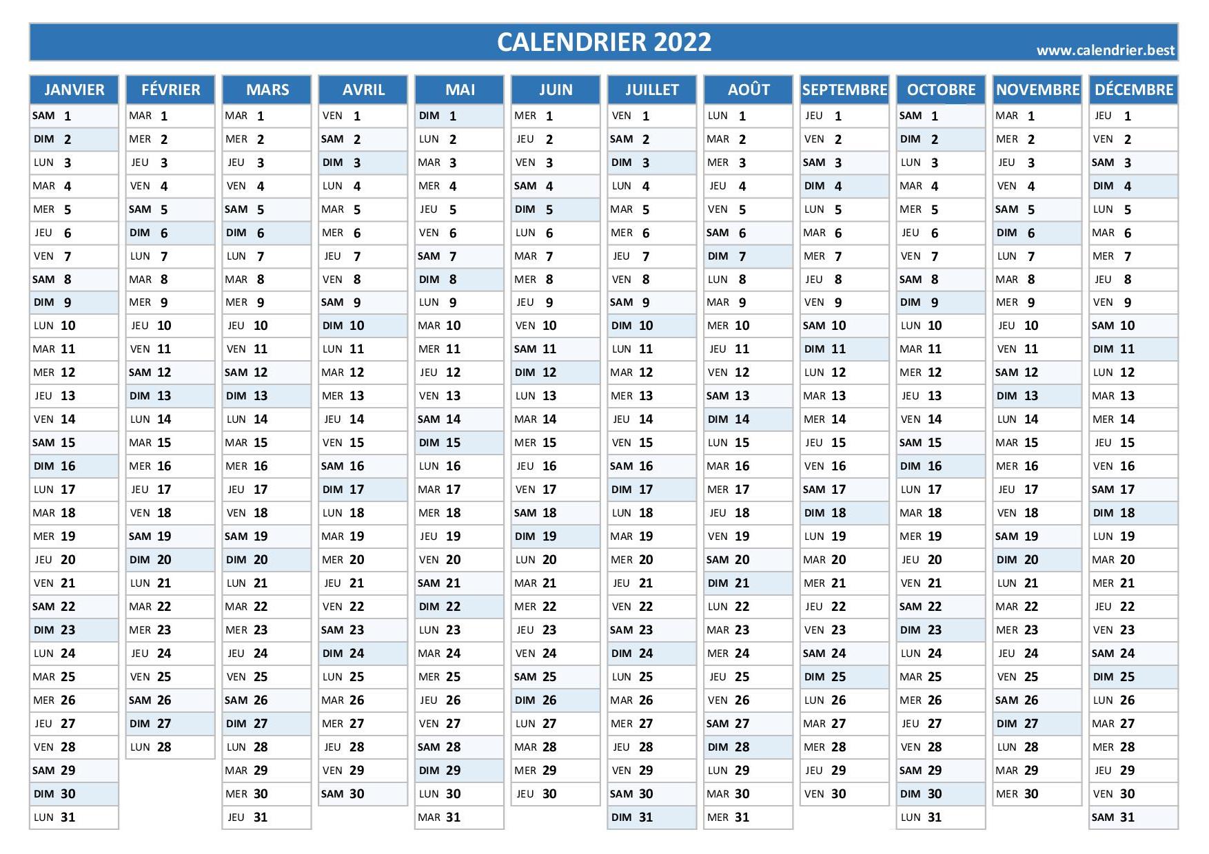 Calendrier 2022 à imprimer