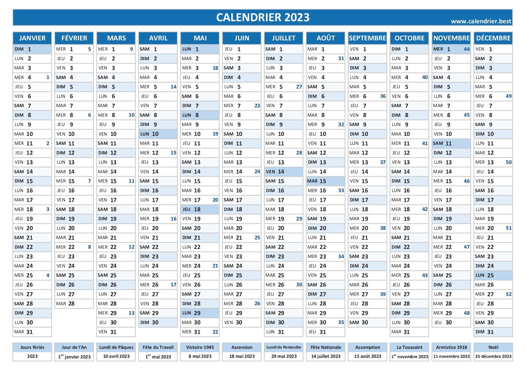 Calendrier annuel à imprimer avec les fêtes