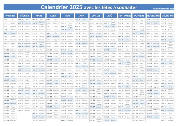 calendrier 2025 avec Saints, thème bleu