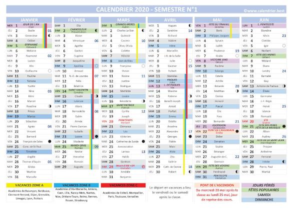 calendrier 2020 complet avec fêtes et Saints du jour, vacances scolaires jours fériés, lunaisons, 1er semestre