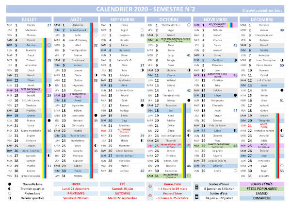 calendrier 2020 complet avec fêtes et Saints du jour, vacances scolaires jours fériés, lunaisons, 2ème semestre