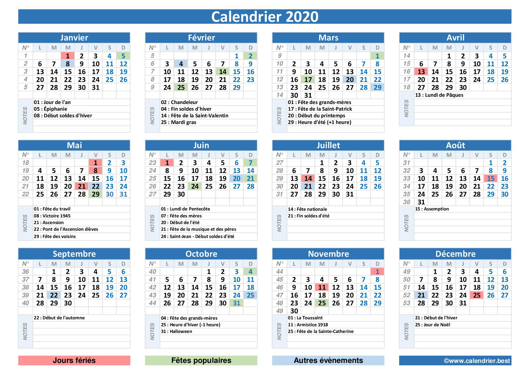 Calendrier 2020 avec jours fériés et dates utiles à imprimer  -Calendrier.best