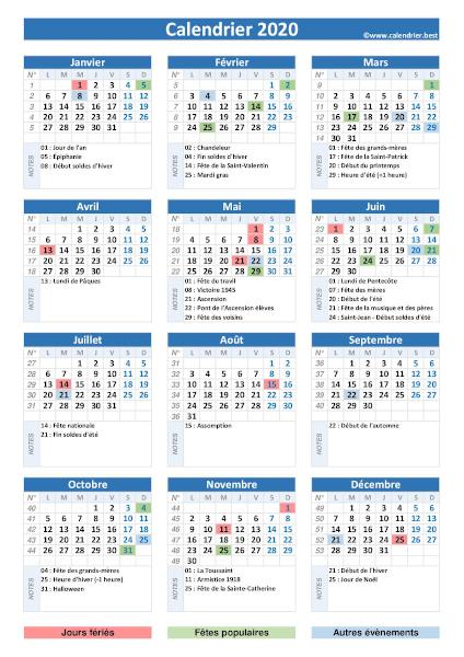 Calendrier 2020 avec jours fériés et numéros de semaines. Nom et date des jours fériés, fêtes populaires, saisons, soldes et changement d'heures consultates sous chaque mois. Orientation portrait.