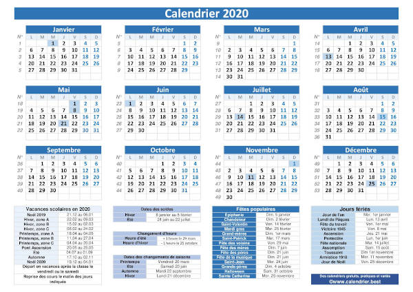 Lien vers calendrier annuel 2020, modèle pratique intégrant les jours fériés