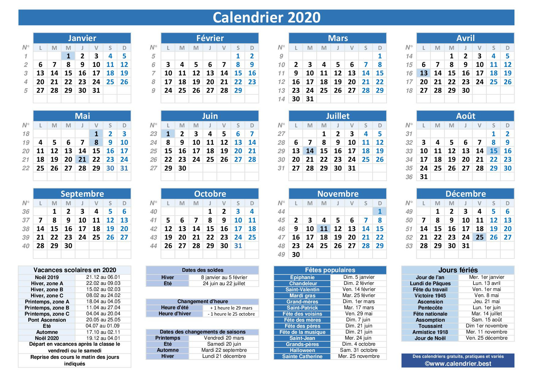 Calendrier 2020 avec jours fériés et dates utiles à imprimer